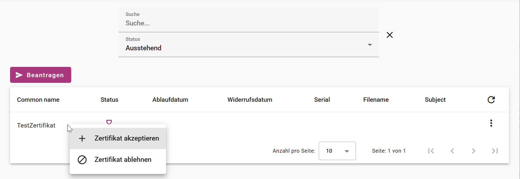 Zertifikat freigeben